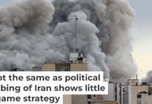 A plume of smoke rises after a strike in Tehran on March 2, 2026. AP Photo/Mohsen Ganji